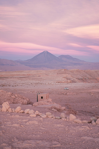 Idyllic Atacama Desert altiplano steppe at gold colored sunset, volcanic landscape panorama – San Pedro de Atacama, Chile