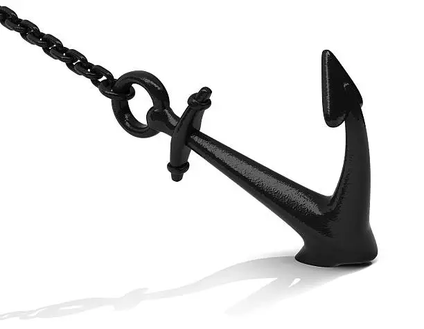 Digitally generated image of black anchor with chain. Isolated on white.