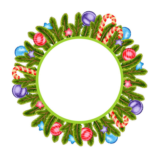 ilustrações de stock, clip art, desenhos animados e ícones de wreath of fir branches, balls and stars watercolor - christmas tree branch