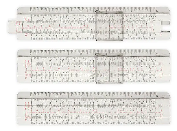 Three high-resolution images of a grungy, small vintage slide-rule, including one without the slide in case you just want the wonderfully scratched scales. Isolated on white and saved with paths.