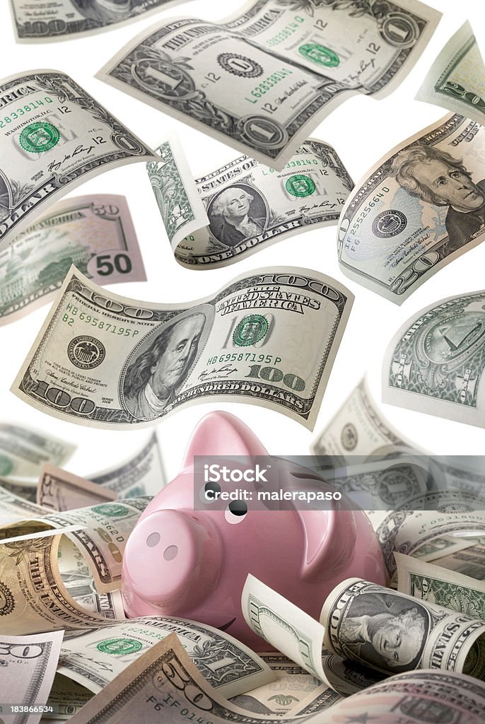 돼지 저금통, 달러 banknotes - 로열티 프리 돼지 저금통 스톡 사진