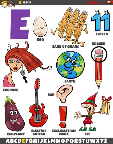 Cartoon illustration of objects and characters set for letter E