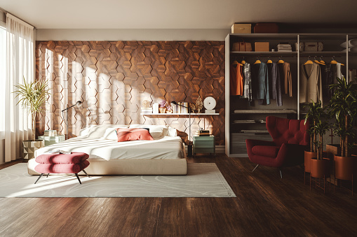 Bedroom with wall wood paneling and wardrobe. 3D generated image.