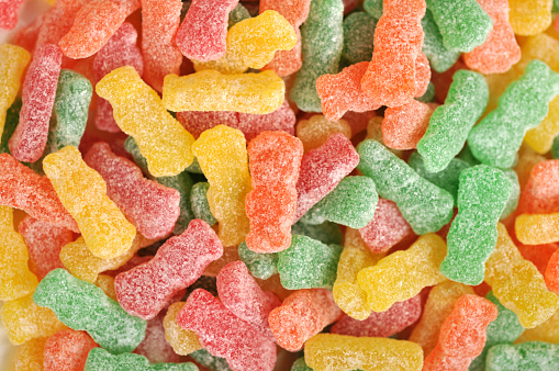 Overhead close-up of colorful sour candy
