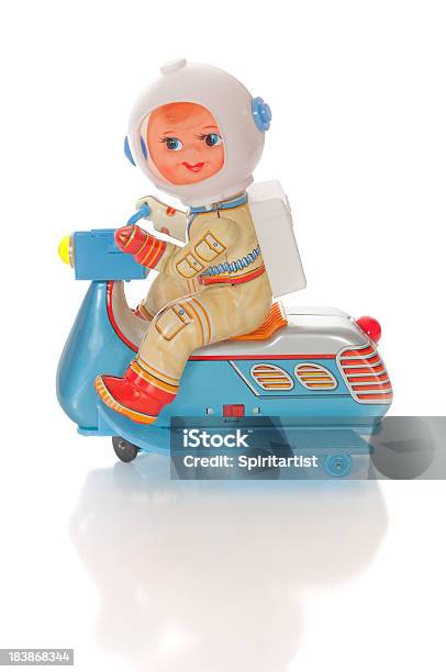 Retro Astronaut Riding Space Scooter Stock Photo - Download Image Now - Retro Style, Plastic, Space Helmet