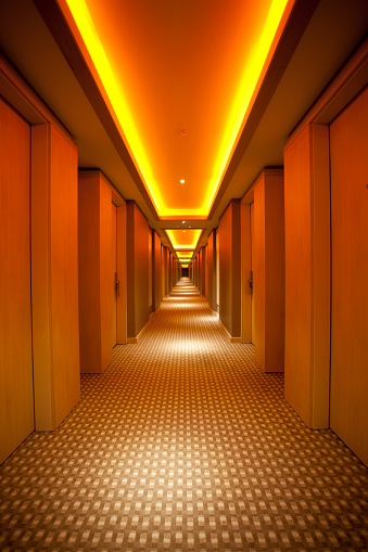 Long and Dark corridor. Indoor architectural Feature.