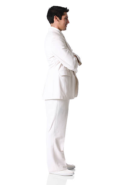 istock Handsome man wearing all white suit side view 183868623
