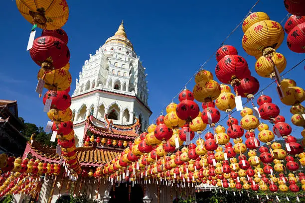 kek lok si chinese paper lanterns with new year greeting during the chinese new year holidays in penang island malaysia