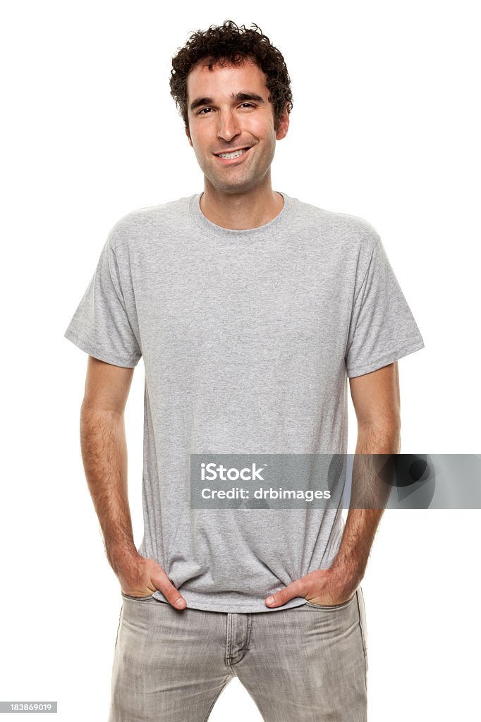 Smiling Man Posing WIth Hands In Pockets Portrait of a man on a white background. http://s3.amazonaws.com/drbimages/m/doncam.jpg T-Shirt Stock Photo