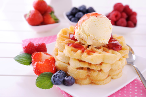 Waffles with vanilla ice cream and strawberry sauce - XXXL Image