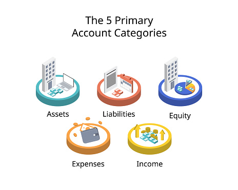 The 5 primary account categories are assets, liabilities, equity, expenses, and income or revenue