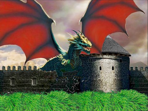 A dragon with raised wings climbs over the castle wall.