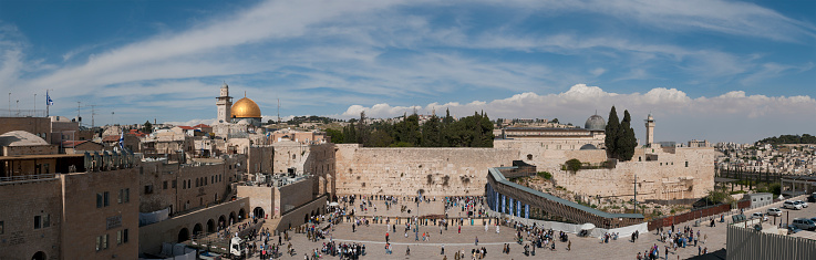 Panoramic view on the Western Wall and Temple Mount of Old part of Jerusalem. Created out of 20 RAW files (2 limes of 10 pictures) and afterwards downsized to increase quality. High resolution picture can be easily cropped to suit.