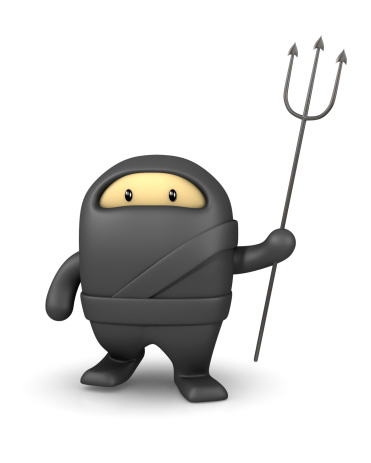 Cartoon style ninja with trident.This cute little ninja could be a useful element in a cartoon composition.  This is a detailed 3d rendering.