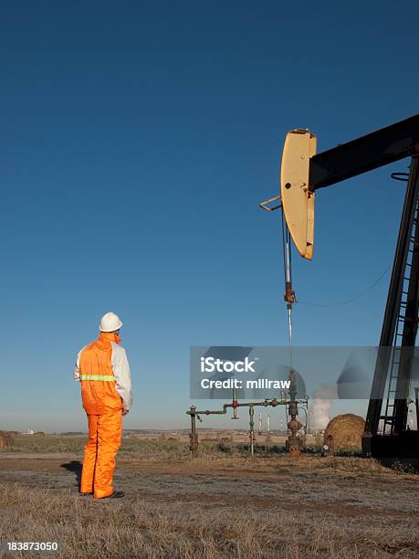 Oil Worker In Safety Gear At Well Pumpjack Stock Photo - Download Image Now - Adult, Adults Only, Agricultural Field