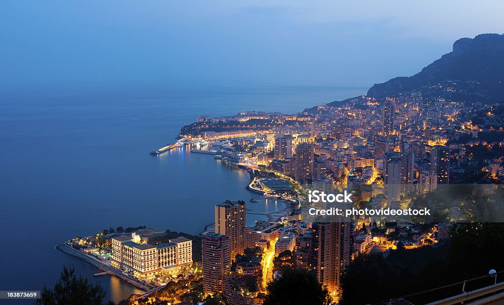 XXXL Monaco (Monte Carlo) by night panoramic A beautiful view of Monte Carlo (Monaco) at dusk. Monaco Stock Photo