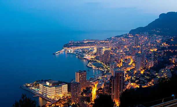 A beautiful view of Monte Carlo (Monaco) at dusk.