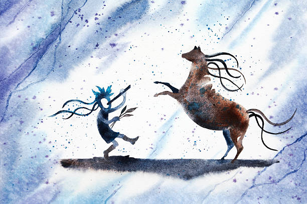Kokopelli, The Horse Trainer "Kokopelli is a hunch backed, flute playing, Native American cultural spirit. This whimsical illustration shows him as a horse charming trainer, dancing with the animal as he hypnotizes it with his magic and brings it under his control with a song.  This traditional watercolor was created by me, Sandy Sandy, in 2011. Notice the variety of soft, hard and rough edges. Here translucent watercolor shows off the granular imperfections of natural pigments. Interesting color transitions flow and mingle in an organic way, like only TRUE watercolor paint can. This image was painted with real water, synthetic brushes and quality tube watercolors on handmade textured cotton rag paper from France. I am very comfortable with this wet-into-wet  watercolor technique and have been using the same methods and art materials for over three decades." ceremonial dancing stock illustrations