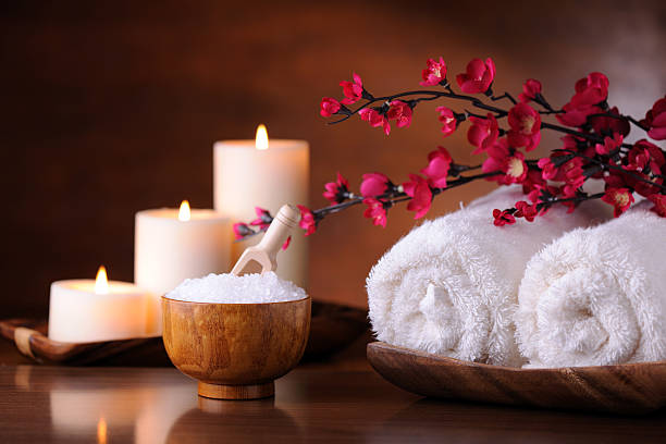 Spa Treatment Tranquil scene with bath and massage items. XXXL image bath salt photos stock pictures, royalty-free photos & images
