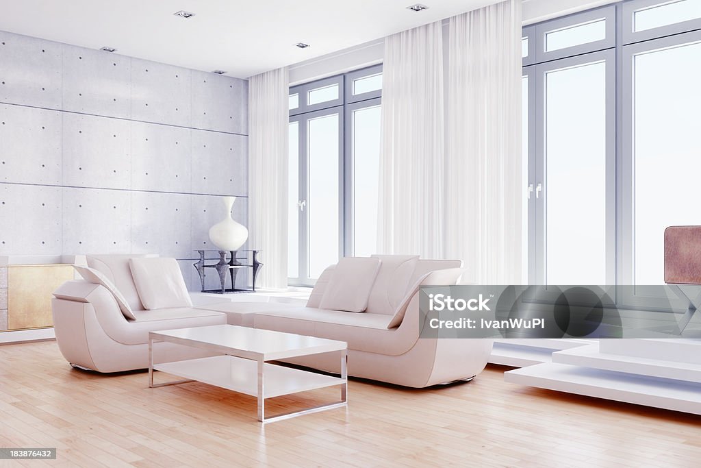 Moderna sala de estar con una decoración blanca - Foto de stock de Cuarto de estar libre de derechos