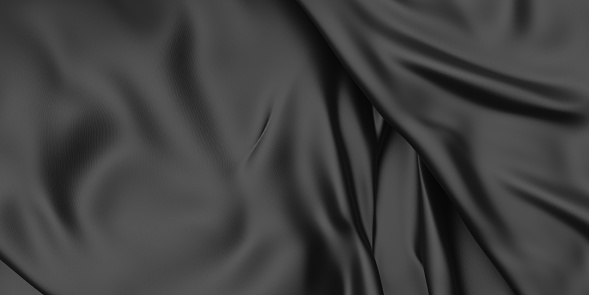 Black dark fabric satin texture. Rippled black silk fabric. 3d rendering