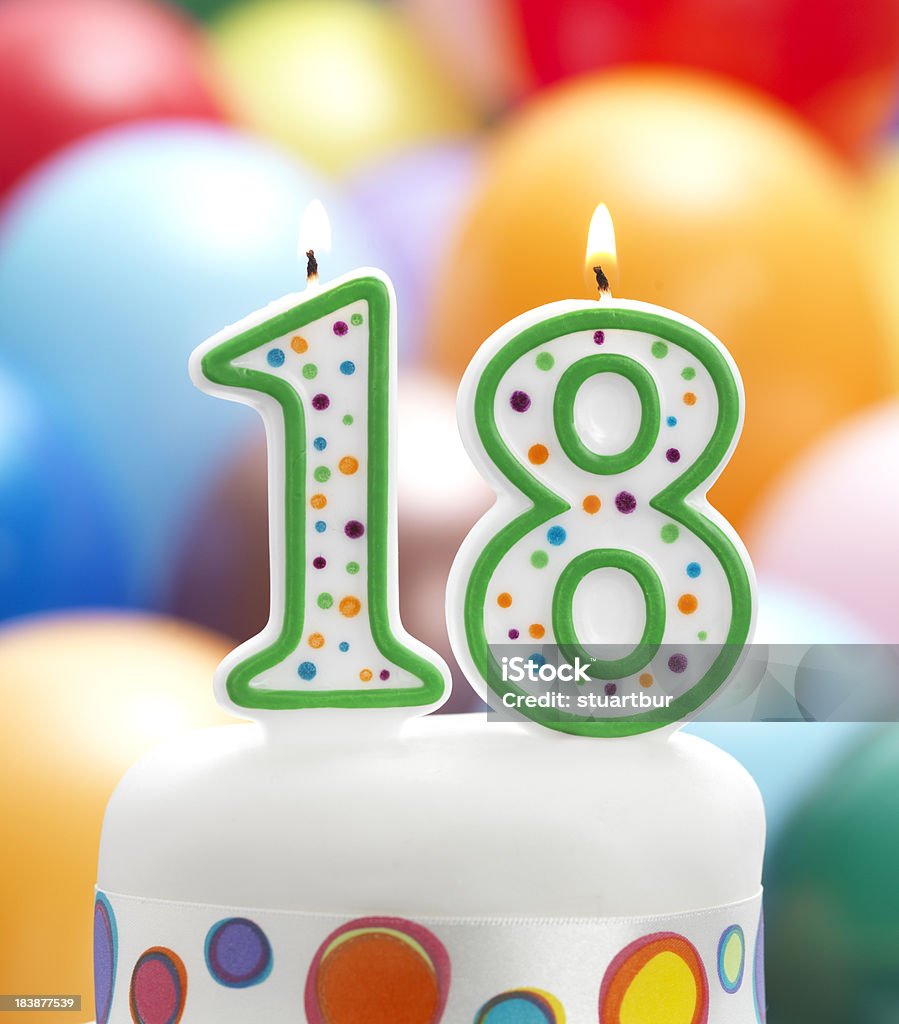 happy 18th birthday birthday candles making 18 with flame and balloon   background Number 18 Stock Photo