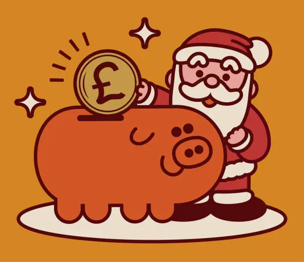 Vector illustration of Adorable Santa Claus putting money in a big piggy bank