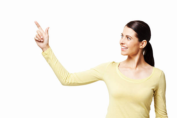 istock Attractive Woman Pointing Up - Isolated 183877668