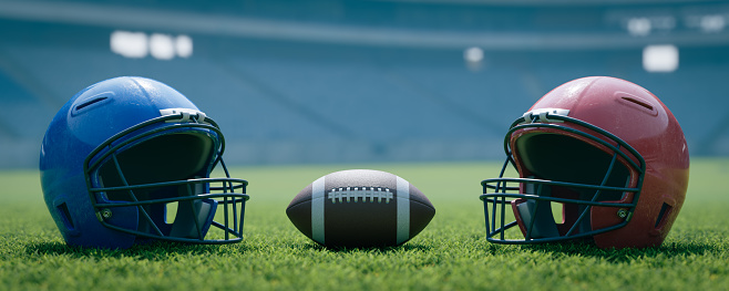 the background of red and blue football helmets facing each other ahead of the match, 3d rendering