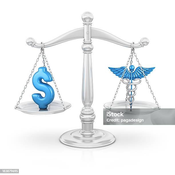 Dollar And Caduceus On Scale Stock Photo - Download Image Now - Finance, Caduceus, Healthcare And Medicine