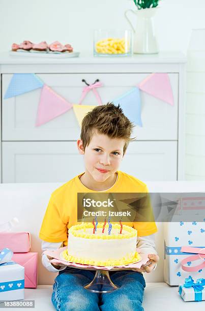 Cute Boy With Birthday Cake Stock Photo - Download Image Now - 8-9 Years, Birthday, Birthday Cake