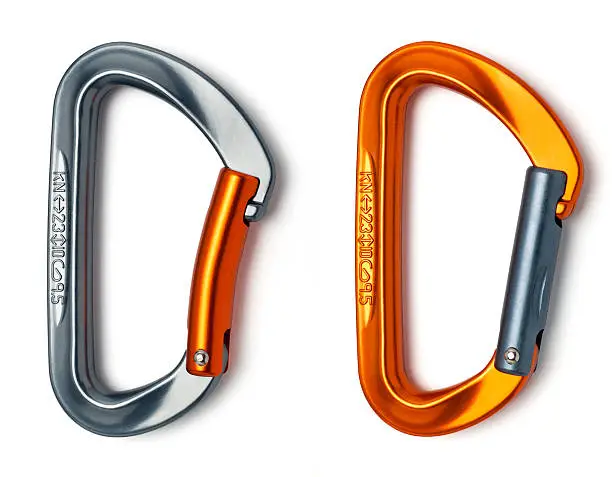 Two type unlocked aluminium carabiners for climbing and safety.