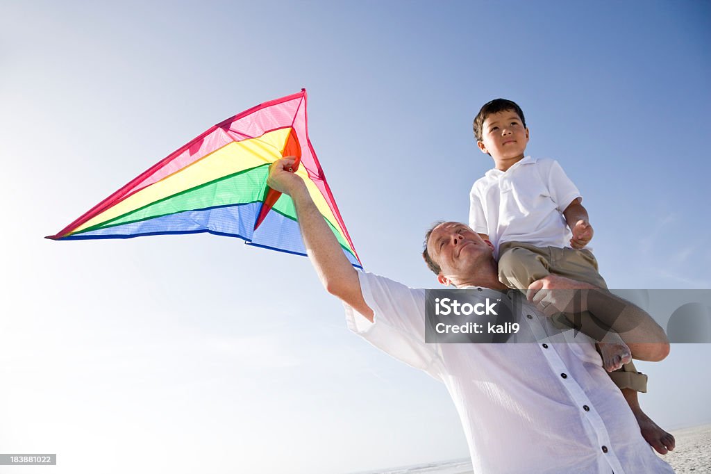 Interracial семьи, отец и сын молодых веселятся, летящий воздушный змей - Стоковые фото Воздушный змей роялти-фри