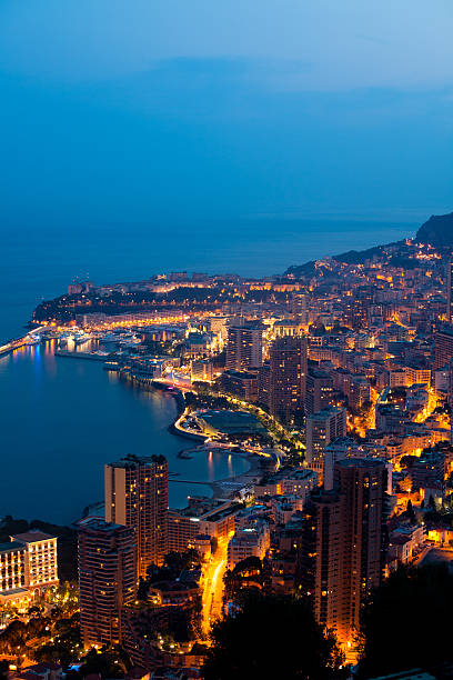 Monaco (Monte Carlo) aerial view at night stock photo