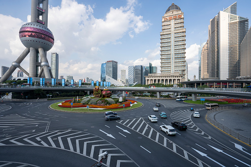 Shanghai, China - Oct 23, 2023: Lujiazui Roundabout in Pudong, Shanghai. Lujiazui is Shanghai's glitzy financial district.