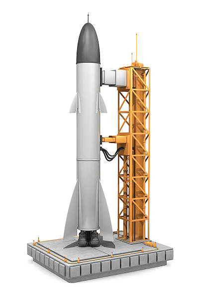 Rocket Launch Rocket ready to go on launch platform.Could be useful in a product launch design.This is a detailed 3d rendering. rocket launch platform stock pictures, royalty-free photos & images