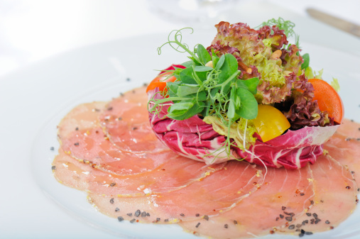 Carpaccio of tuna with a salad and Hawaiian salt.Click here for related images: