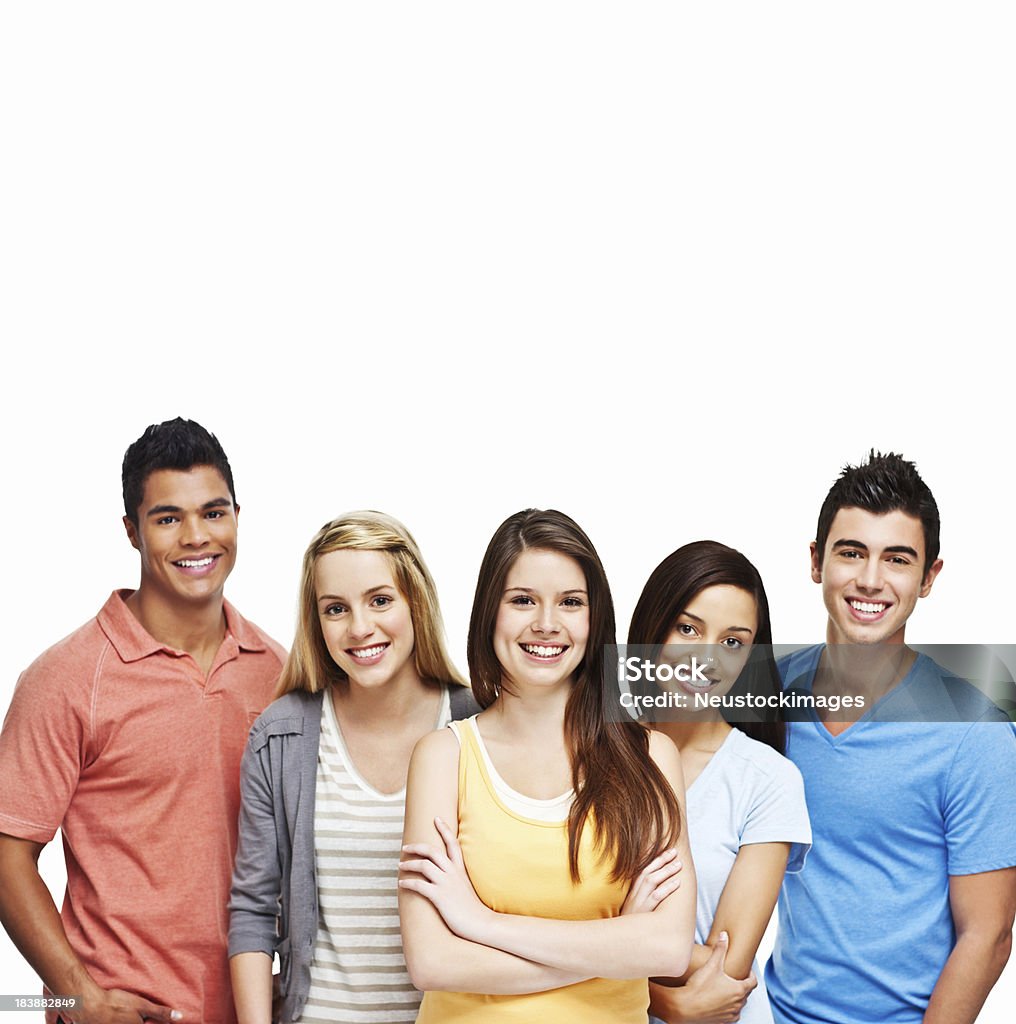 Diverse Young Adults Standing Together Diverse group of young adults wearing colorful shirts. Square shot. Friendship Stock Photo