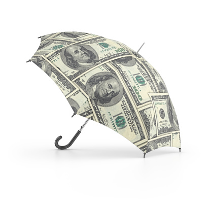 isolated umbrella with dollar pattern.3d render.