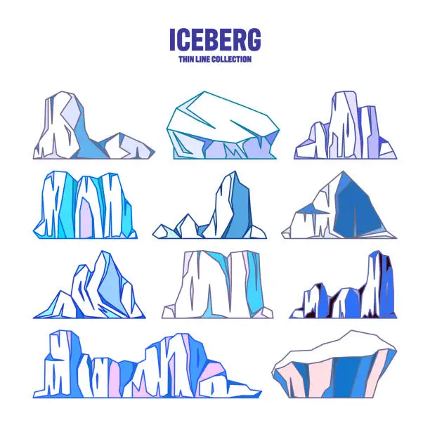 Vector illustration of Floating icebergs collection. Drifting arctic glacier, block of frozen ocean water. Icy mountains with snow. Melting ice peak. Antarctic snowy landscape. South and North Pole. Vector illustration.