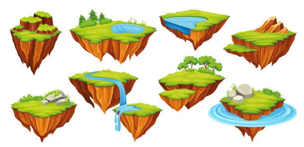 Vector illustration of Flying ground islands. Floating land piece adventure game environment, soil rock empty island nature earth planet, game level map run platform bridge, neoteric vector illustration