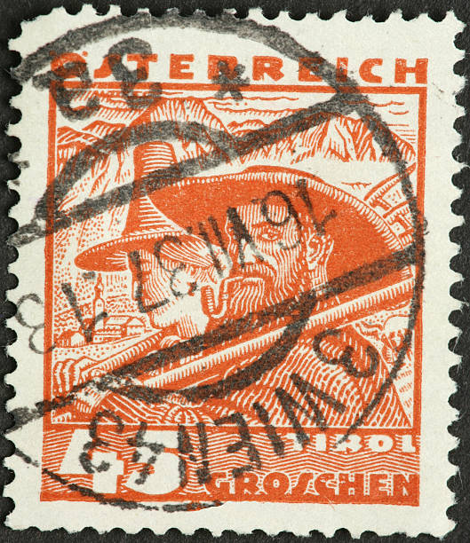istock traditional Austrian farmers with tools on a postage stamp 183884030