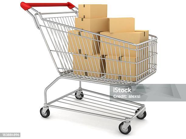 Boxes In Shopping Cart Stock Photo - Download Image Now - Shopping Cart, Box - Container, Full