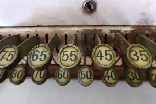 Close up of old adding machine on wooden desk