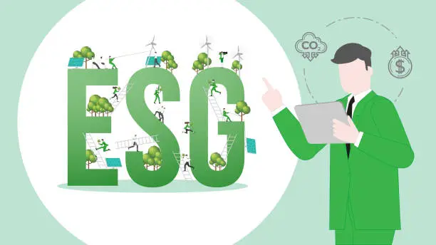 Vector illustration of ESG sustainability business policy. Carbon credit calculate from reduce carbon footprint and carbon offset. Profit of ESG