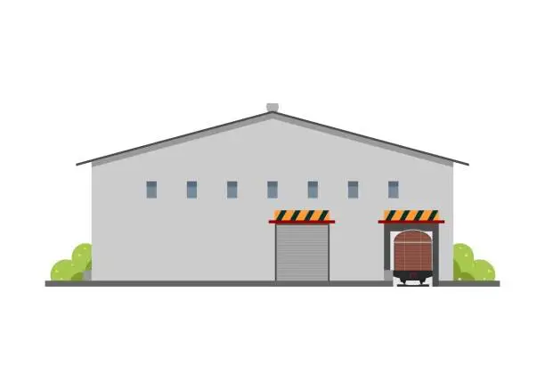 Vector illustration of Freight wagon stops at the railway warehouse. Warehouse with freight wagon loading facility.