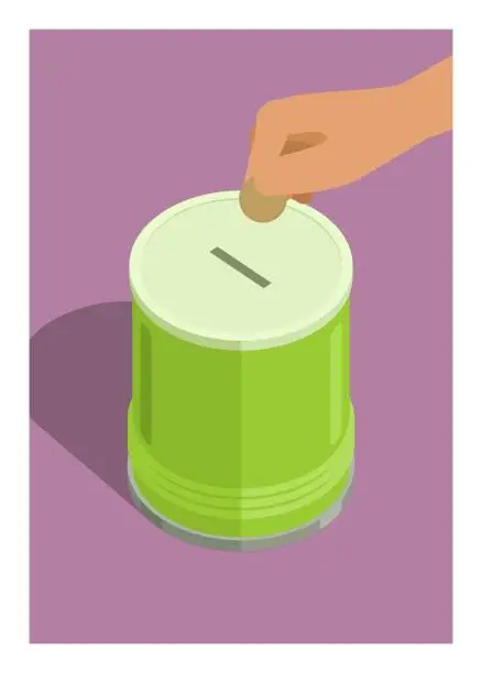 Vector illustration of hand inserting coin to the simple used tin can piggy bank. Simple flat illustration.