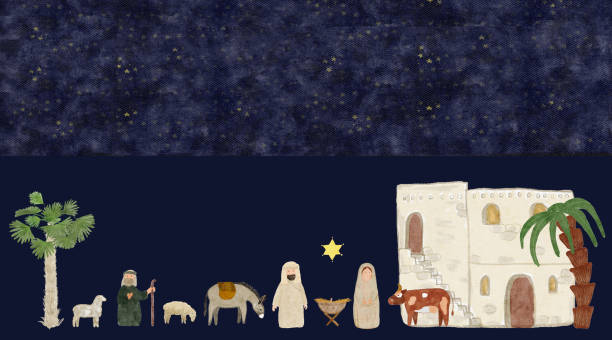 Watercolor Christmas nativity scene border on dark blue background Watercolor Christmas nativity scene border on dark blue background. Illustration for calendar, cards, banners, wrapping paper, textile, Christmas, advent, invitations, tape, posters and totes design. shepherd sheep lamb bible stock illustrations