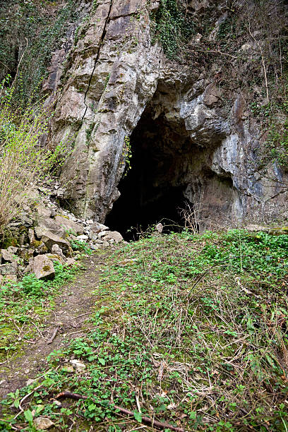 Path to Cave Opening in Cheddar Gorge, England "Cave opening in the side of a mountain, with a path leading to it. Cheddar gorge, in the Mendip Hills in Somerset UK, is a limestone area with an extensive cave system. This cave opening can be seen from the main road going through the town of Cheddar." cheddar gorge stock pictures, royalty-free photos & images