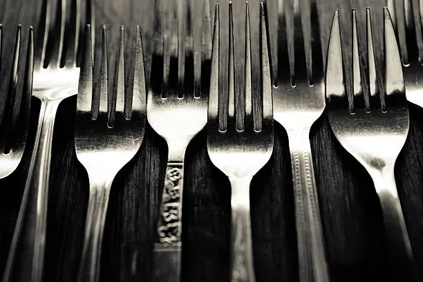 Variety of old forks. (NOTE: Visible scratches on antique fork.)